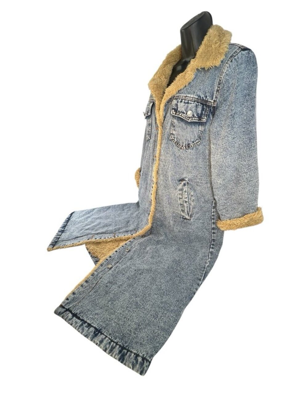 vtg sherpa lined light wash long denim coat jean jacket duster sz S - Picture 7 of 13